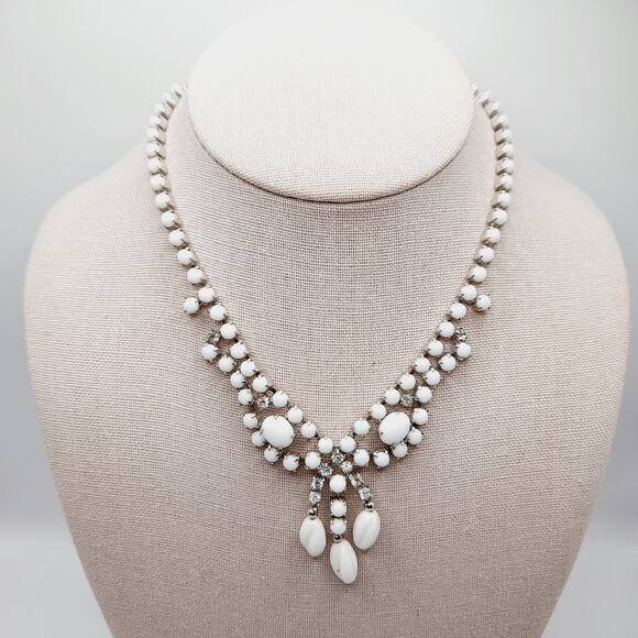 Vintage Milk Glass & Rhinestone Tassel Choker Necklace 15 Inch Rhodium - Picture 3 of 10